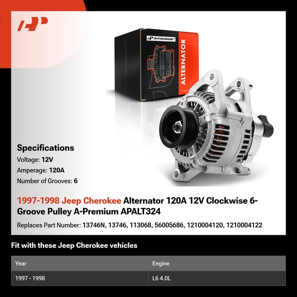 1997-1998 Jeep Cherokee Alternator 120A 12V Clockwise 6-Groove Pulley A-Premium APALT324