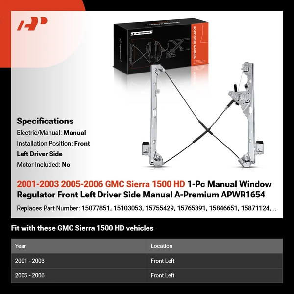 2001-2003 2005-2006 GMC Sierra 1500 HD 1-Pc Manual Window Regulator Front Left Driver Side Manual A-Premium APWR1654
