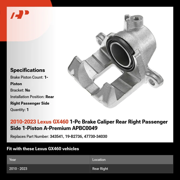 2010-2023 Lexus GX460 1-Pc Brake Caliper Rear Right Passenger Side 1-Piston A-Premium APBC0049