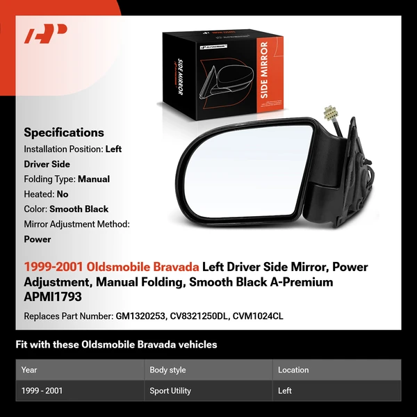 1999-2001 Oldsmobile Bravada Left Driver Side Mirror, Power Adjustment, Manual Folding, Smooth Black A-Premium APMI1793