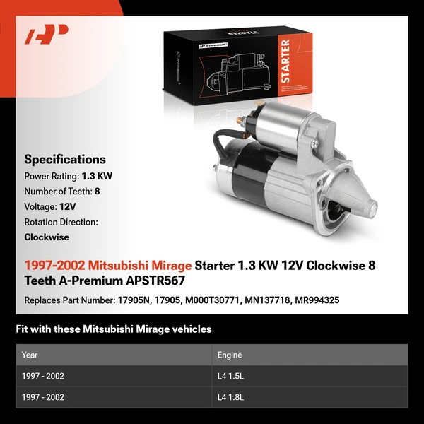 1997-2002 Mitsubishi Mirage Starter 1.3 KW 12V Clockwise 8 Teeth A-Premium APSTR567