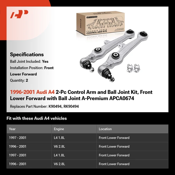 1996-2001 Audi A4 2-Pc Control Arm and Ball Joint Kit, Front Lower Forward with Ball Joint A-Premium APCA0674