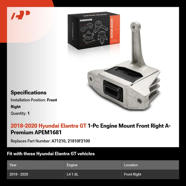 2018-2020 Hyundai Elantra GT 1-Pc Engine Mount Front Right A-Premium APEM1681