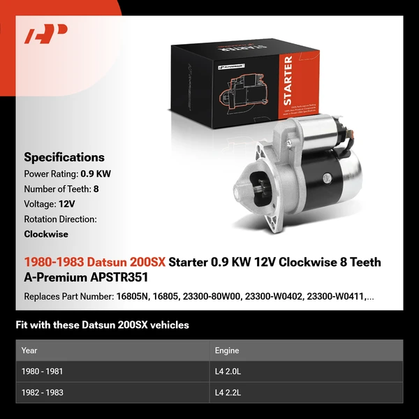 1980-1983 Datsun 200SX Starter 0.9 KW 12V Clockwise 8 Teeth A-Premium APSTR351