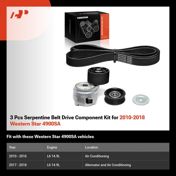 3 Pcs Serpentine Belt Drive Component Kit for 2010-2018 Western Star 4900SA