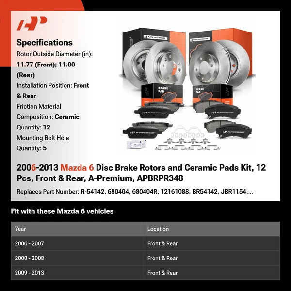 2006-2013 Mazda 6 Disc Brake Rotors and Ceramic Pads Kit, 12 Pcs, Front & Rear, A-Premium, APBRPR348