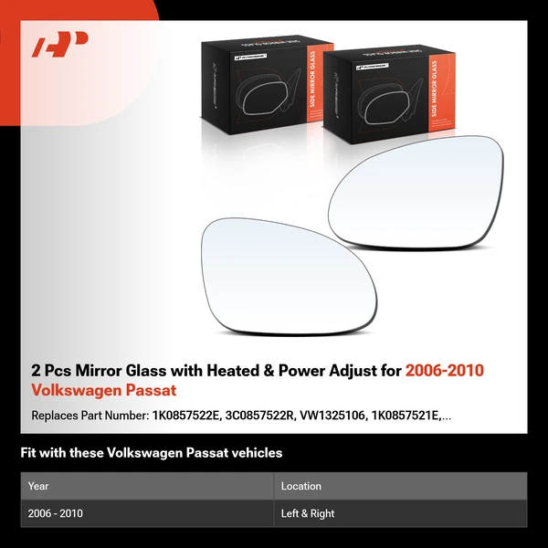 2 Pcs Mirror Glass with Heated & Power Adjust for 2006-2010 Volkswagen Passat