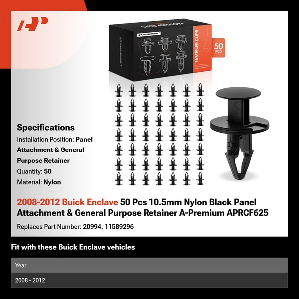 2008-2012 Buick Enclave 50 Pcs 10.5mm Nylon Black Panel Attachment & General Purpose Retainer A-Premium APRCF625