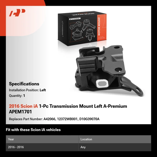 2016 Scion iA 1-Pc Transmission Mount Left A-Premium APEM1701