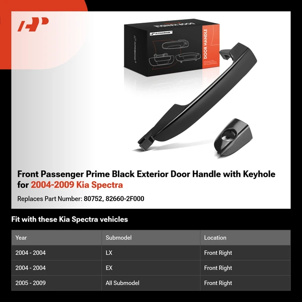 Front Passenger Prime Black Exterior Door Handle with Keyhole for 2004-2009 Kia Spectra