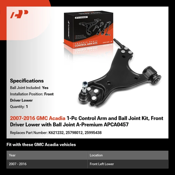 2007-2016 GMC Acadia 1-Pc Control Arm and Ball Joint Kit, Front Driver Lower with Ball Joint A-Premium APCA0457