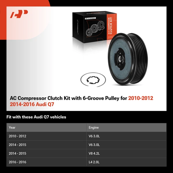 AC Compressor Clutch Kit with 6-Groove Pulley for 2010-2012 2014-2016 Audi Q7