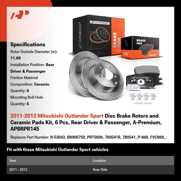 2011-2012 Mitsubishi Outlander Sport Disc Brake Rotors and Ceramic Pads Kit, 6 Pcs, Rear Driver & Passenger, A-Premium, APBRPR145