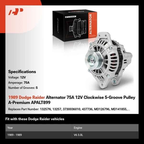 1989 Dodge Raider Alternator 75A 12V Clockwise 5-Groove Pulley A-Premium APALT899