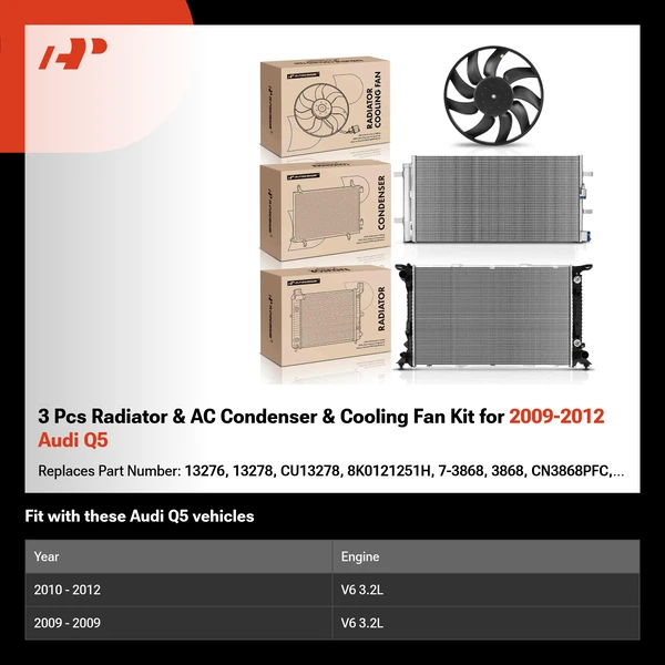 3 Pcs Radiator & AC Condenser & Cooling Fan Kit for 2009-2012 Audi Q5