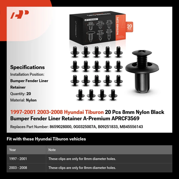 1997-2001 2003-2008 Hyundai Tiburon 20 Pcs 8mm Nylon Black Bumper Fender Liner Retainer A-Premium APRCF3569
