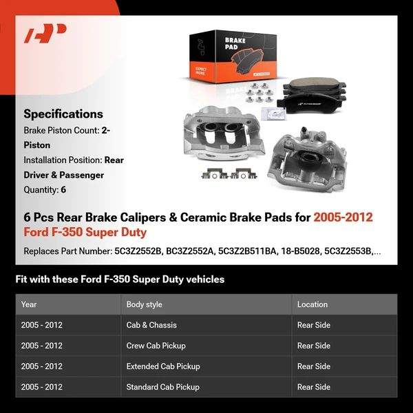 6 Pcs Rear Brake Calipers & Ceramic Brake Pads for 2005-2012 Ford F-350 Super Duty