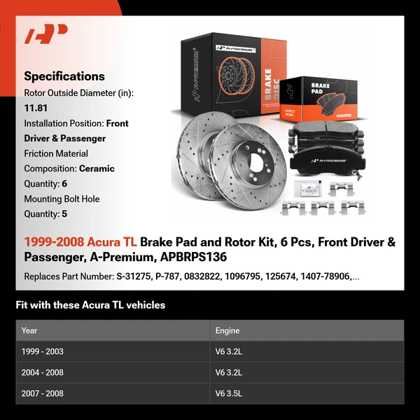 1999-2008 Acura TL Brake Pad and Rotor Kit, 6 Pcs, Front Driver & Passenger, A-Premium, APBRPS136