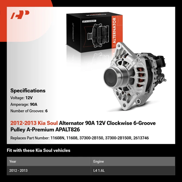 2012-2013 Kia Soul Alternator 90A 12V Clockwise 6-Groove Pulley A-Premium APALT826