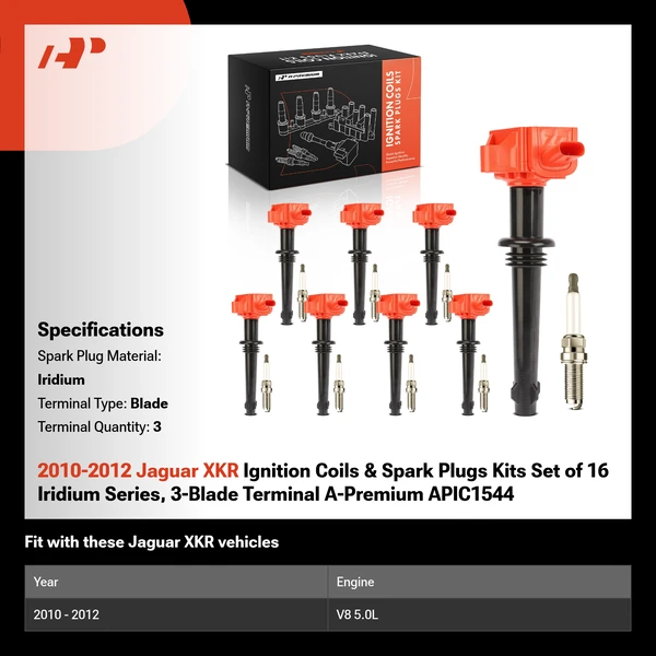 2010-2012 Jaguar XKR Ignition Coils & Spark Plugs Kits Set of 16 Iridium Series, 3-Blade Terminal A-Premium APIC1544