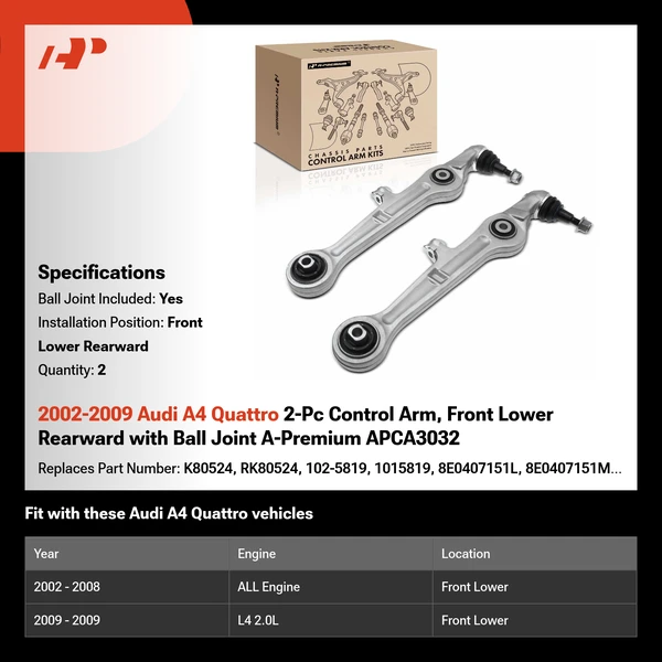 2002-2009 Audi A4 Quattro 2-Pc Control Arm, Front Lower Rearward with Ball Joint A-Premium APCA3032