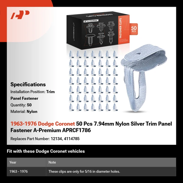 1963-1976 Dodge Coronet 50 Pcs 7.94mm Nylon Silver Trim Panel Fastener A-Premium APRCF1786