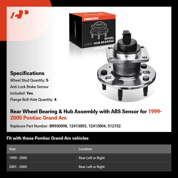 Rear Wheel Bearing & Hub Assembly with ABS Sensor for 1999-2005 Pontiac Grand Am