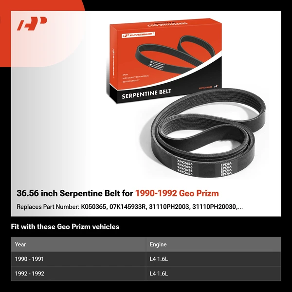36.56 inch Serpentine Belt for 1990-1992 Geo Prizm