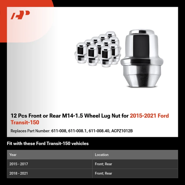 12 Pcs Front or Rear M14-1.5 Wheel Lug Nut for 2015-2021 Ford Transit-150