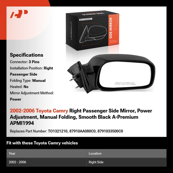 2002-2006 Toyota Camry Right Passenger Side Mirror, Power Adjustment, Manual Folding, Smooth Black A-Premium APMI1994