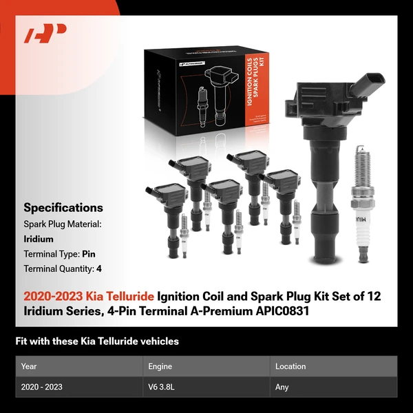 2020-2023 Kia Telluride Ignition Coil and Spark Plug Kit Set of 12 Iridium Series, 4-Pin Terminal A-Premium APIC0831