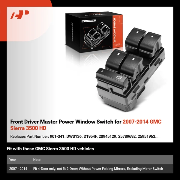 Front Driver Master Power Window Switch for 2007-2014 GMC Sierra 3500 HD