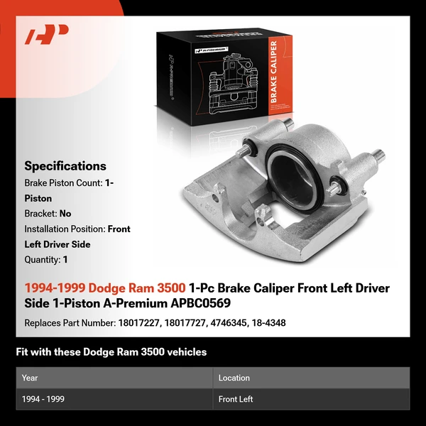 1994-1999 Dodge Ram 3500 1-Pc Brake Caliper Front Left Driver Side 1-Piston A-Premium APBC0569