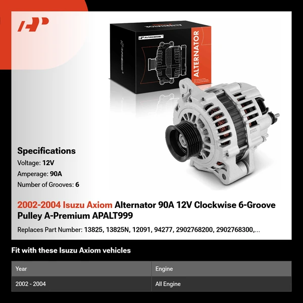 2002-2004 Isuzu Axiom Alternator 90A 12V Clockwise 6-Groove Pulley A-Premium APALT999