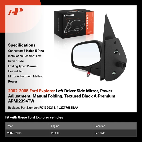 2002-2005 Ford Explorer Left Driver Side Mirror, Power Adjustment, Manual Folding, Textured Black A-Premium APMI2394TW