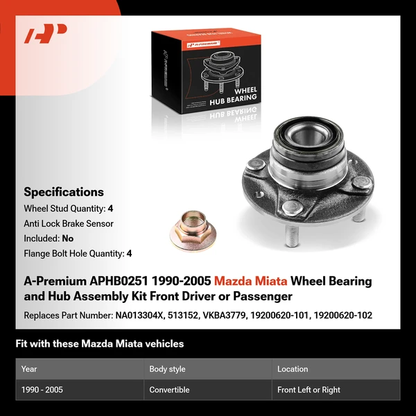 A-Premium APHB0251 1990-2005 Mazda Miata Wheel Bearing and Hub Assembly Kit Front Driver or Passenger