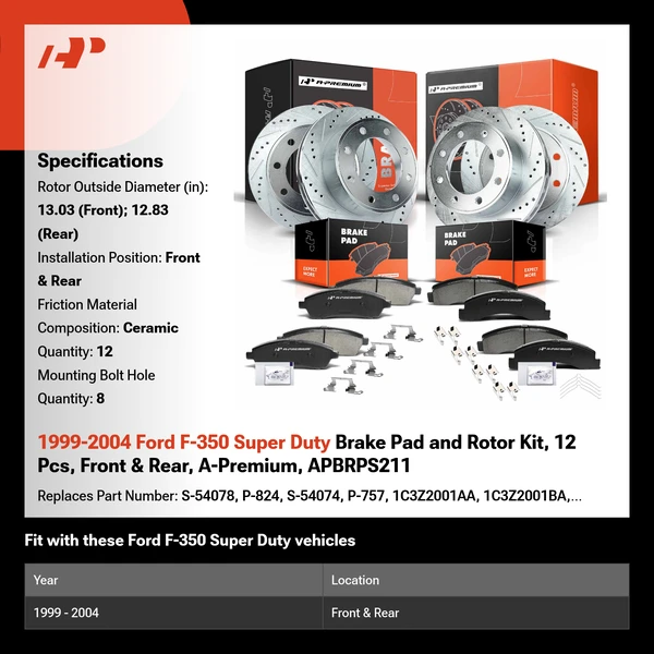 1999-2004 Ford F-350 Super Duty Brake Pad and Rotor Kit, 12 Pcs, Front & Rear, A-Premium, APBRPS211