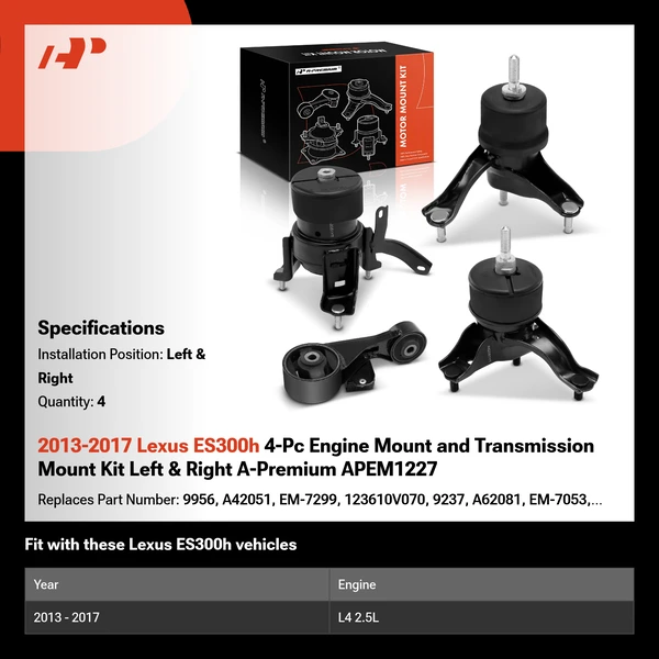 2013-2017 Lexus ES300h 4-Pc Engine Mount and Transmission Mount Kit Left & Right A-Premium APEM1227