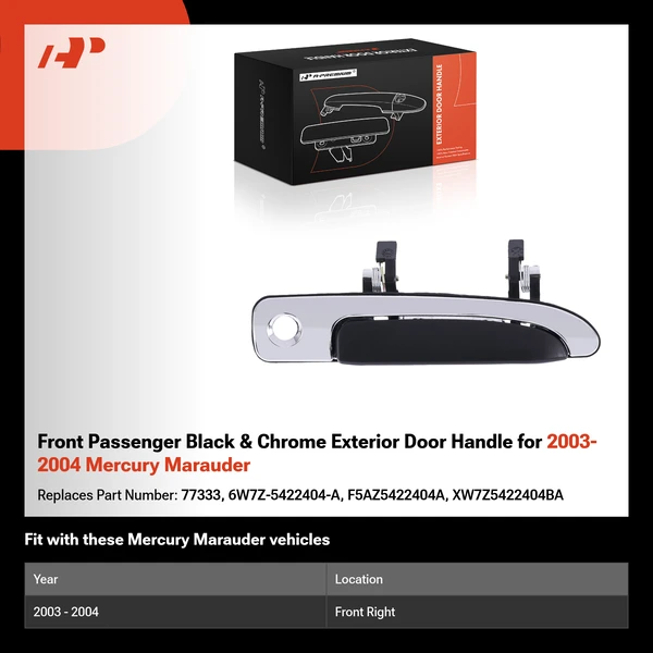 Front Passenger Black & Chrome Exterior Door Handle for 2003-2004 Mercury Marauder