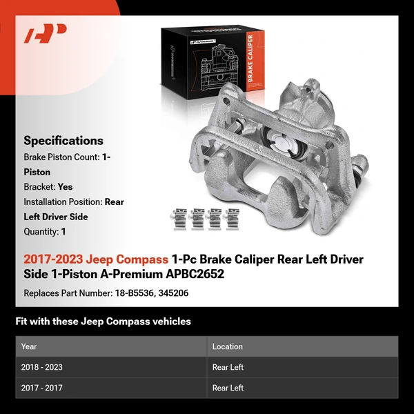 2017-2023 Jeep Compass 1-Pc Brake Caliper Rear Left Driver Side 1-Piston A-Premium APBC2652
