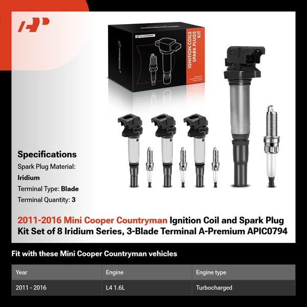 2011-2016 Mini Cooper Countryman Ignition Coil and Spark Plug Kit Set of 8 Iridium Series, 3-Blade Terminal A-Premium APIC0794