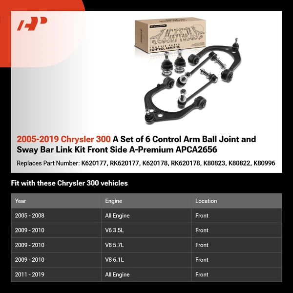 2005-2019 Chrysler 300 A Set of 6 Control Arm Ball Joint and Sway Bar Link Kit Front Side A-Premium APCA2656