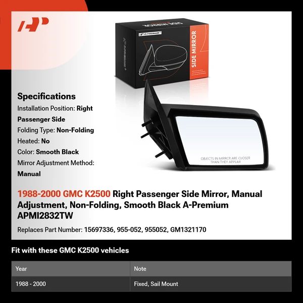 1988-2000 GMC K2500 Right Passenger Side Mirror, Manual Adjustment, Non-Folding, Smooth Black A-Premium APMI2832TW