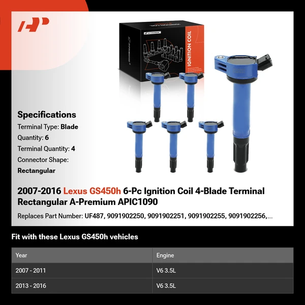 2007-2011 2013-2016 Lexus GS450h A Set of 6-Pc Ignition Coil 4-Blade Terminal Rectangular A-Premium APIC1090