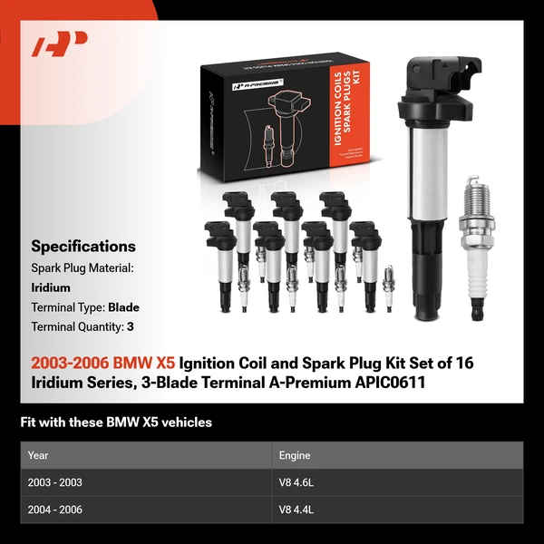 2003-2006 BMW X5 Ignition Coil and Spark Plug Kit Set of 16 Iridium Series, 3-Blade Terminal A-Premium APIC0611