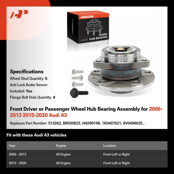 Front Driver or Passenger Wheel Hub Bearing Assembly for 2006-2013 2015-2020 Audi A3