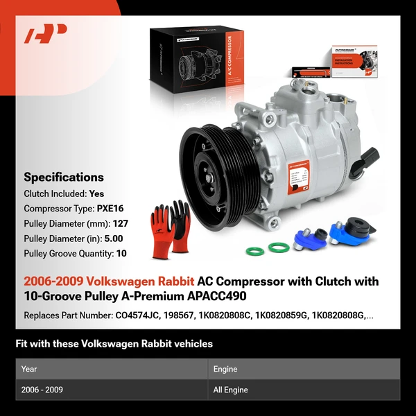 2006-2009 Volkswagen Rabbit AC Compressor with Clutch with 10-Groove Pulley A-Premium APACC490