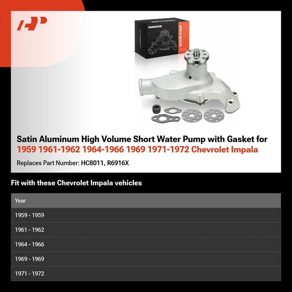 Satin Aluminum High Volume Short Water Pump with Gasket for 1959 1961-1962 1964-1966 1969 1971-1972 Chevrolet Impala