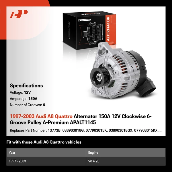 1997-2003 Audi A8 Quattro Alternator 150A 12V Clockwise 6-Groove Pulley A-Premium APALT1145