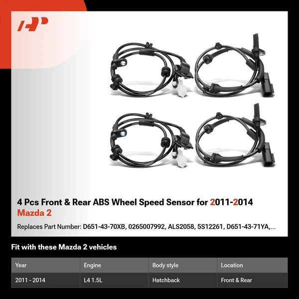 4 Pcs Front & Rear ABS Wheel Speed Sensor for 2011-2014 Mazda 2